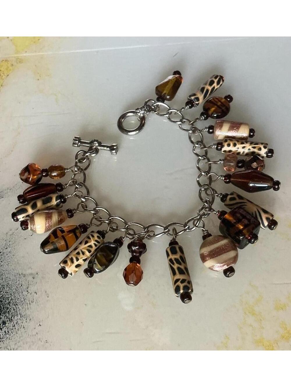 Charm Bracelet w/ Nature Big Cat Zebra Cha Cha Glass & Clay Animal Bead Silver